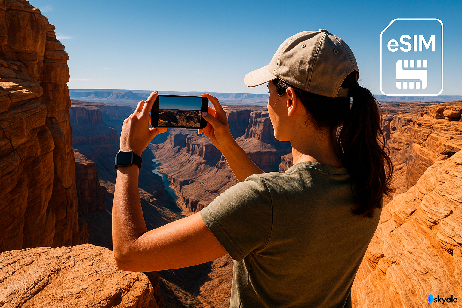 Traveler capturing a Kings Canyon panorama from the rim; bright sandstone, blue sky, eSIM keeps you connected anywhere