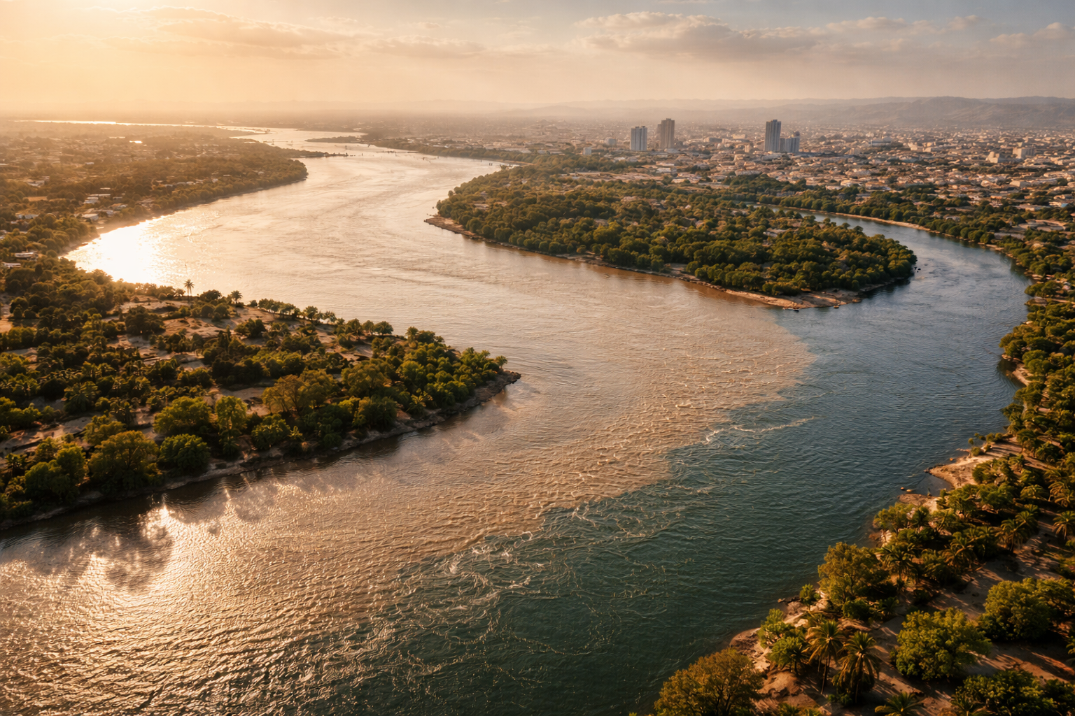 מפגש הנילוס הלבן והנילוס הכחול בח'רטום עם קווי מים רחבים, אור שמש רך ונוף נהר פתוח.