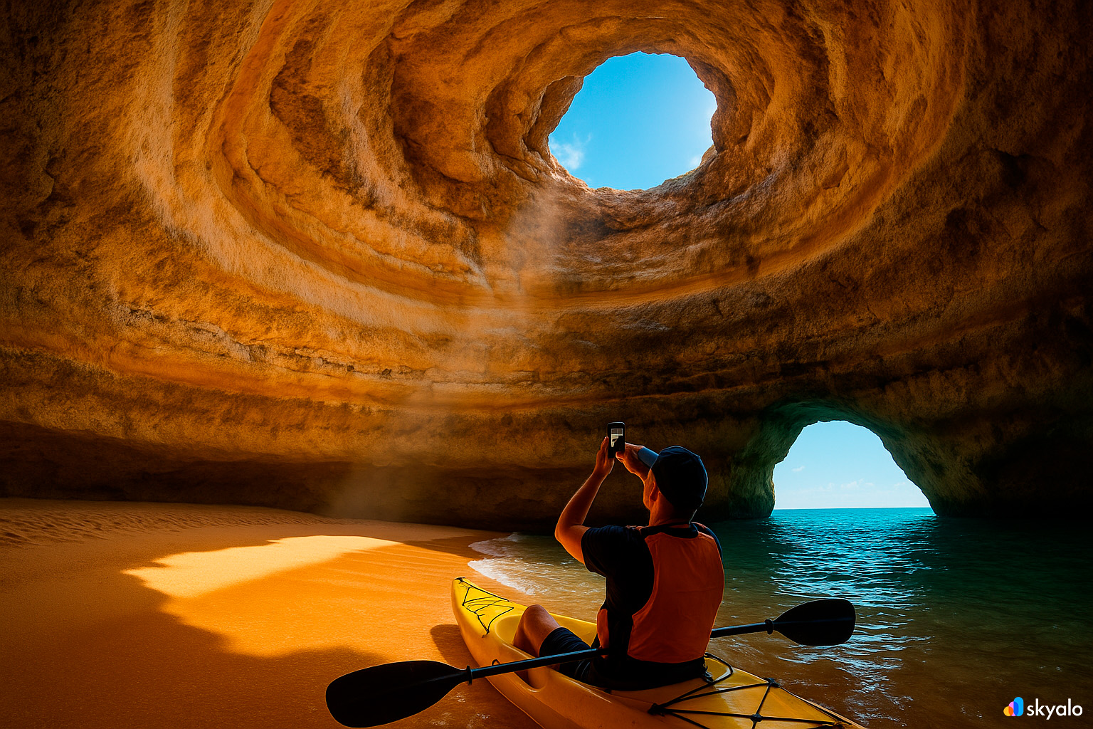 Kayaker photographing the sunbeam inside Benagil Cave; amber sand and the blue skylight overhead