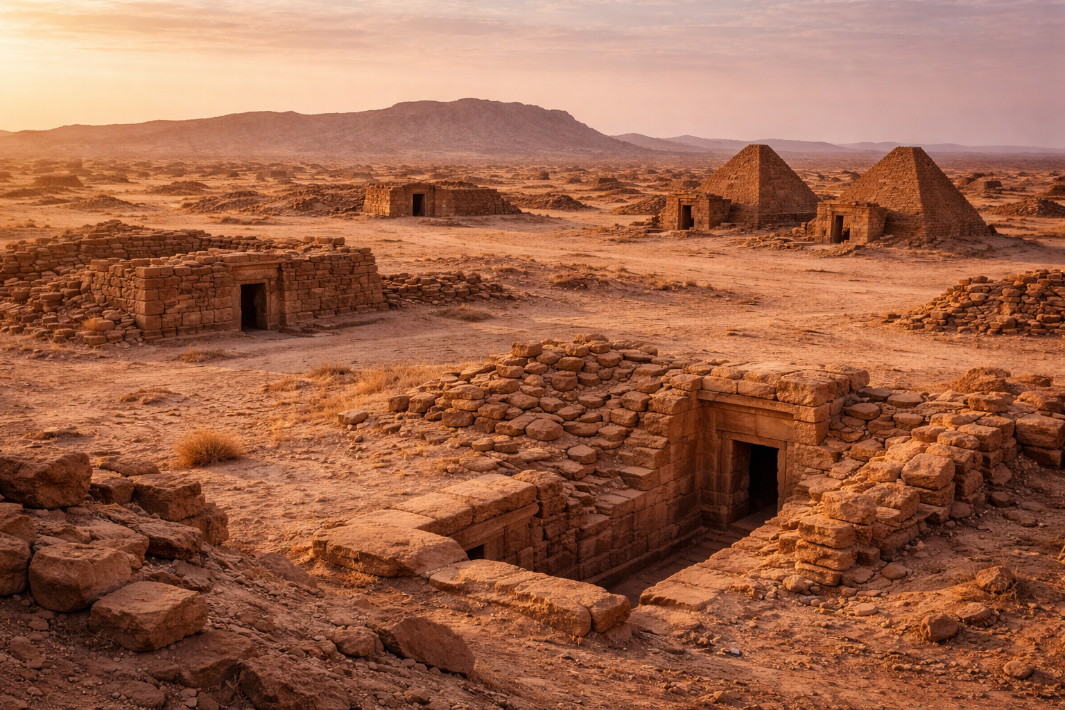 הנקרופוליס אל-כורו בסודן עם מבני קבורה עתיקים, נוף מדברי ואור חם ורך.