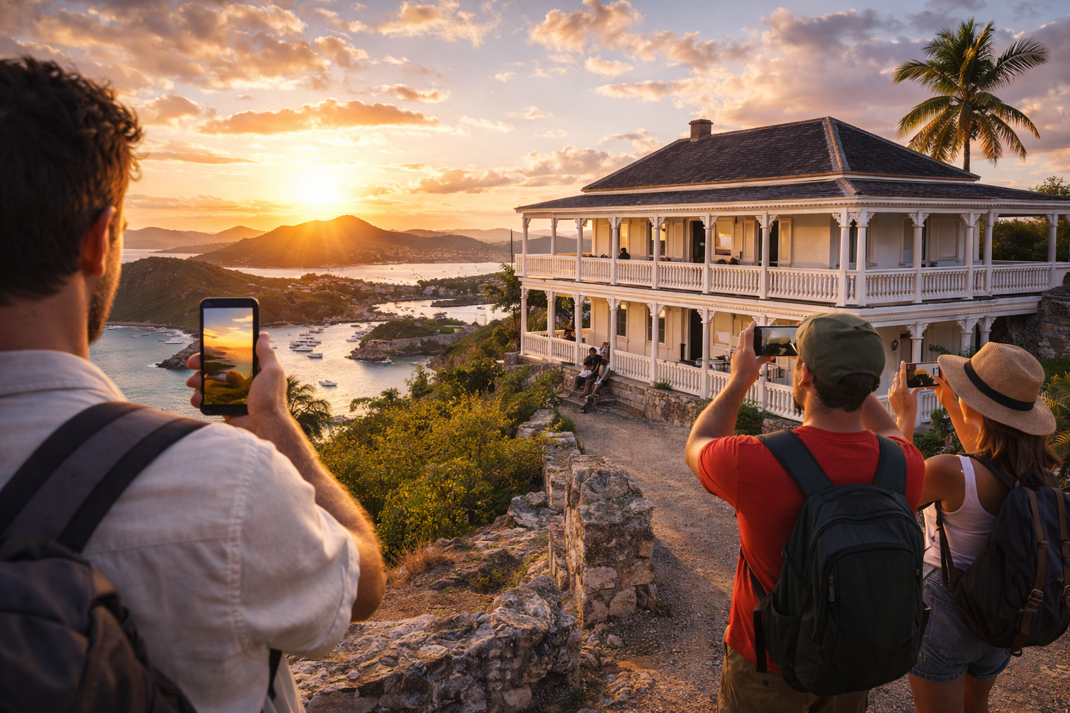 Clarence House overlooking the harbor, with tourists using eSIM mobile internet
