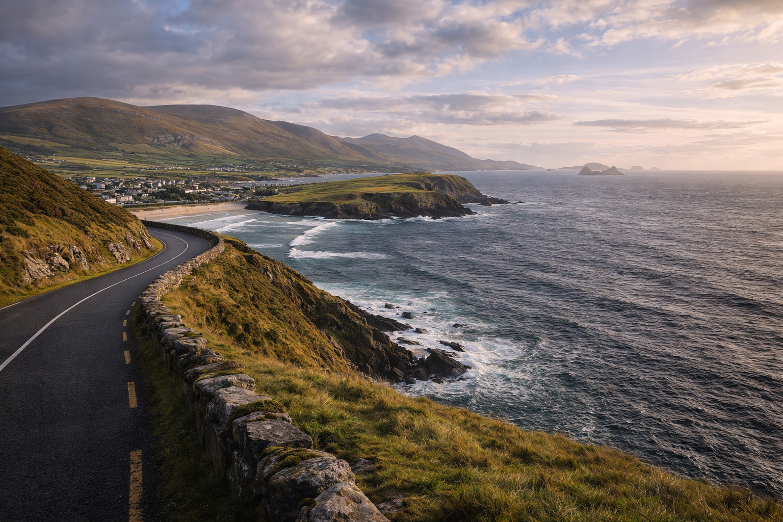 Wild Atlantic Way באירלנד עם דרך חוף, צוקים אוקייניים, כפים ירוקים ועיירות קטנות ליד האטלנטי.