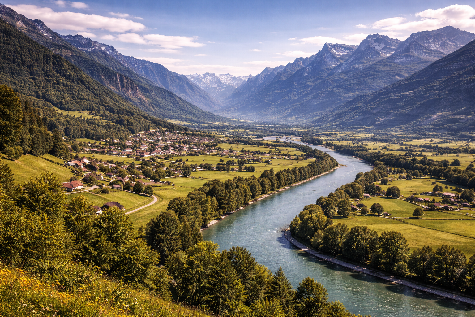 The Rhine Valley with a river, green fields, and Alpine mountains