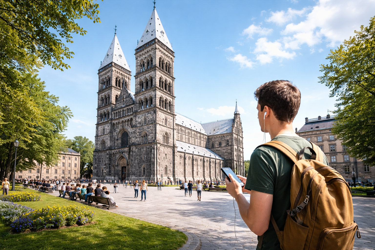 Lund Cathedral, and a student uses a smartphone