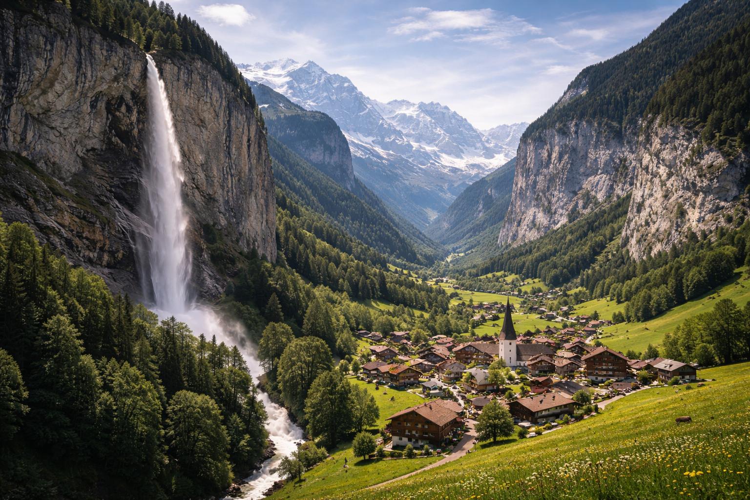Dolina Lauterbrunnen z wodospadem Staubbach pośród Alp