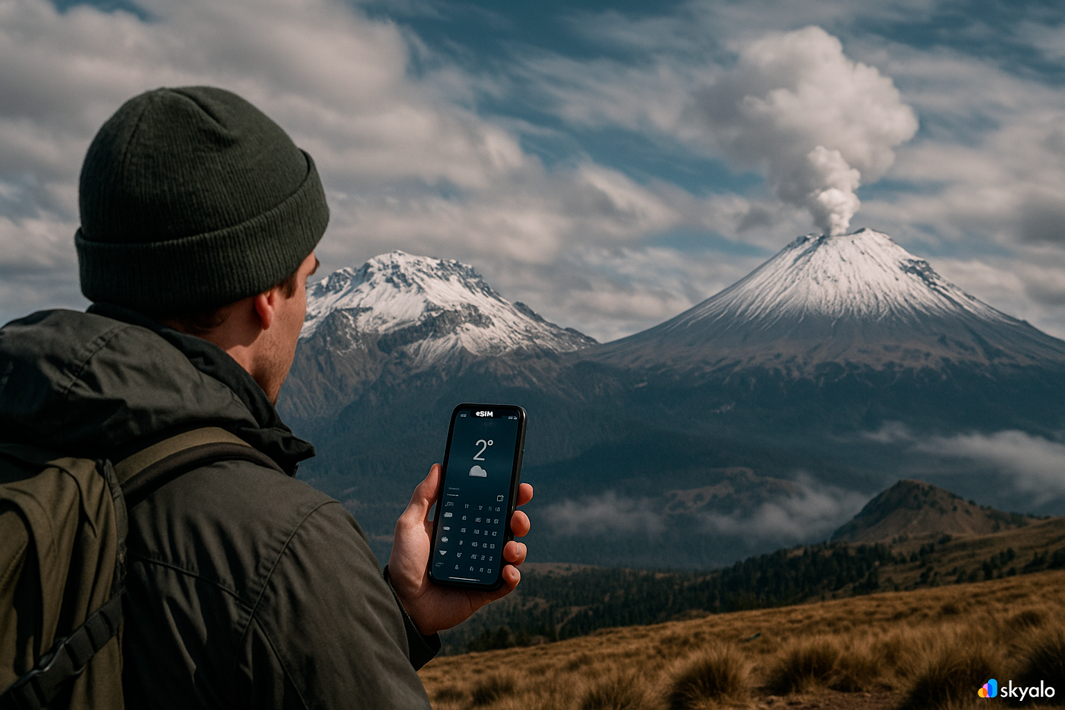 Popocatépetl and Iztaccíhuatl from a lookout; always up-to-date forecast on a phone with eSIM, clouds racing over snow