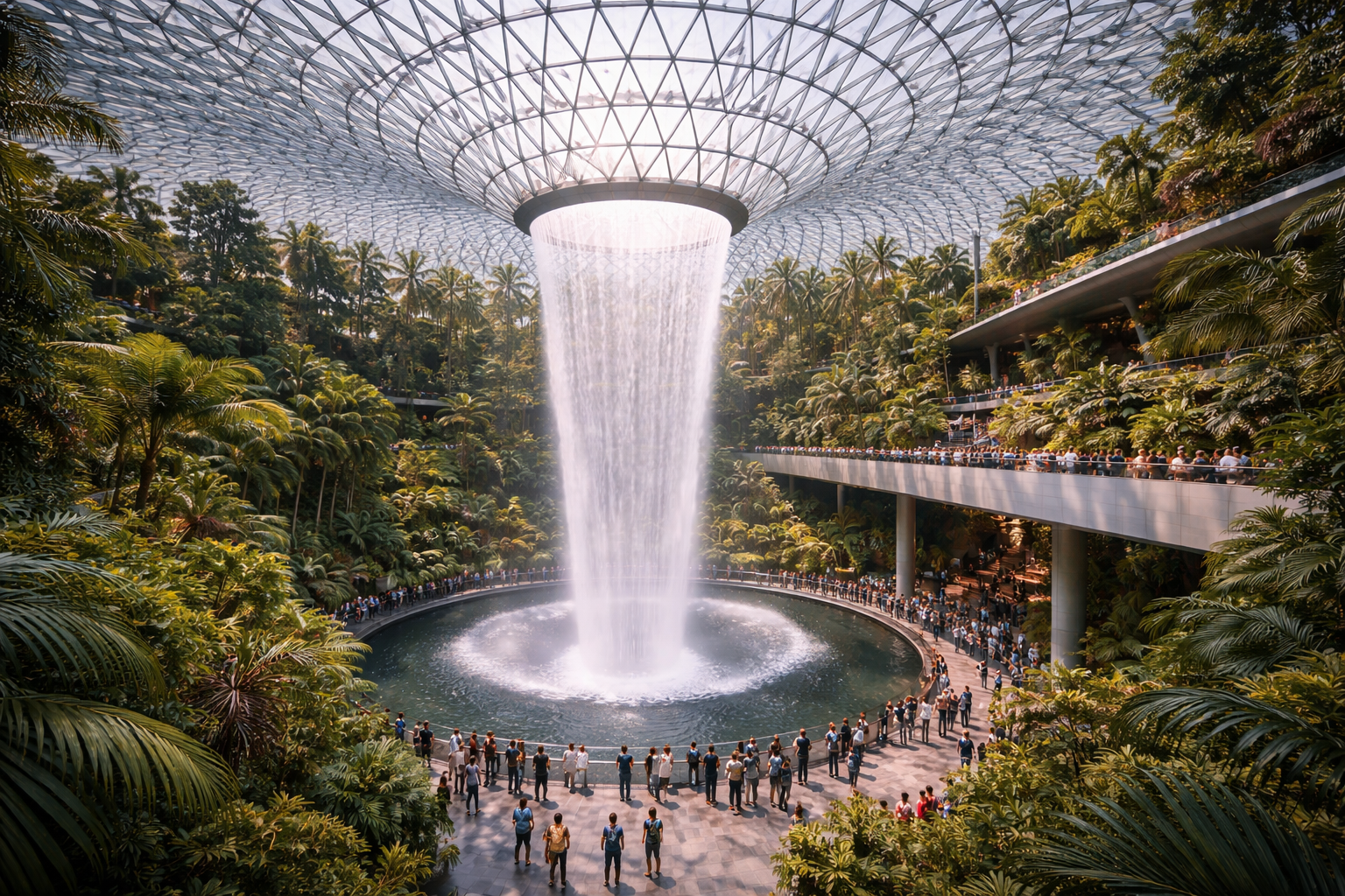 The Rain Vortex waterfall inside the Jewel complex.