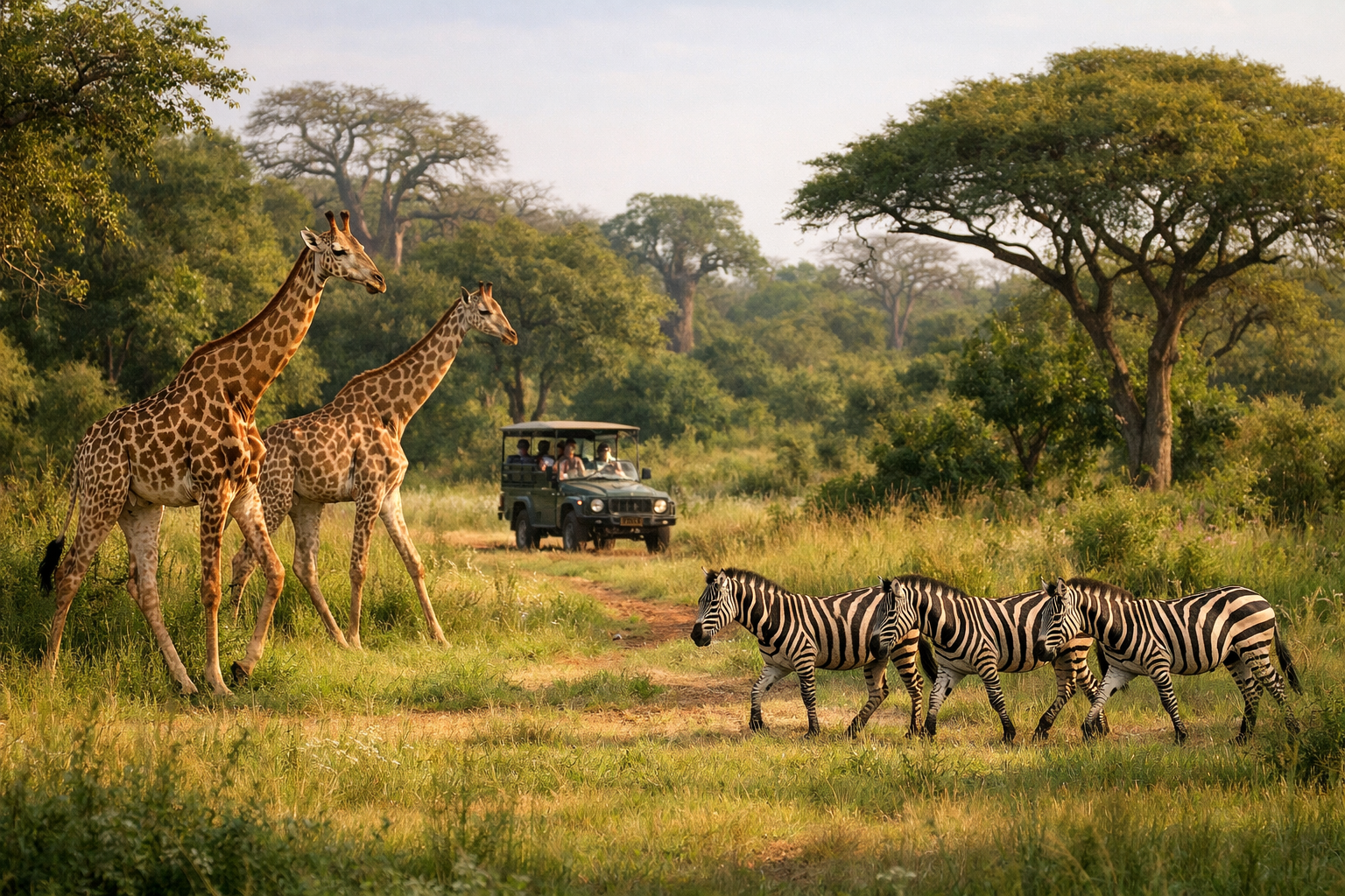 Giraffes and zebras in Fathala Reserve during a safari.
