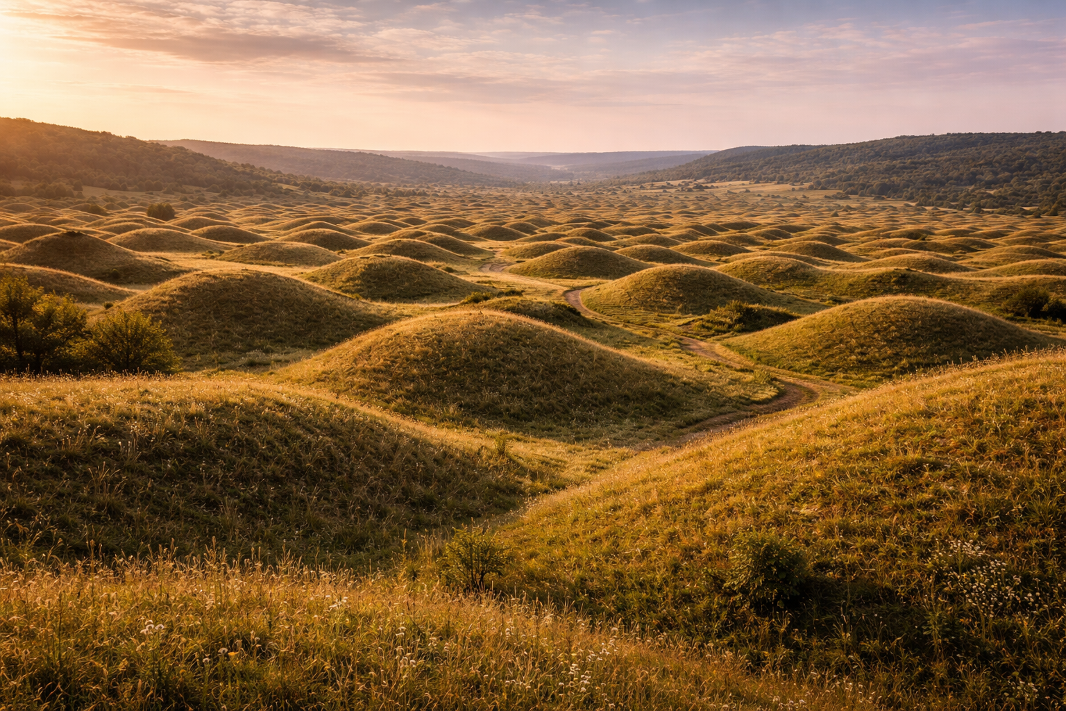 נוף סוטה דה מובילה במולדובה עם המון גבעות ירוקות עגולות, שמיים פתוחים ותבליט טבעי יוצא דופן.
