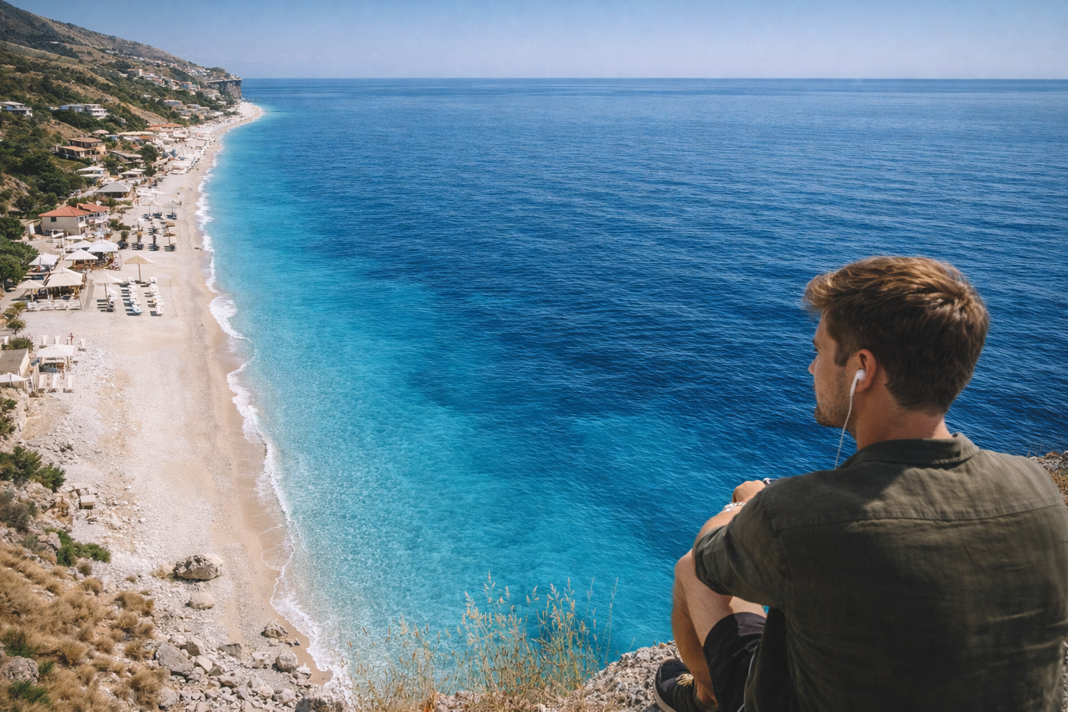Dhërmi Beach in Albania with crystal-clear water and mountains