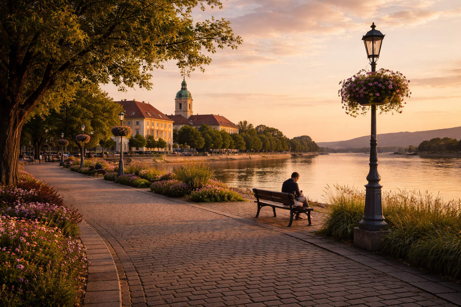 טיילת ואץ עם תיירים ברקע ונוף לדנובה