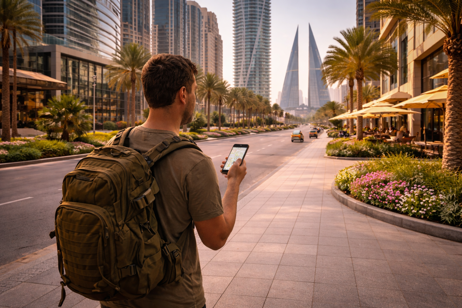 אדם ברובע סיף המודרני משתמש בסמארטפון על רקע אדריכלות עירונית