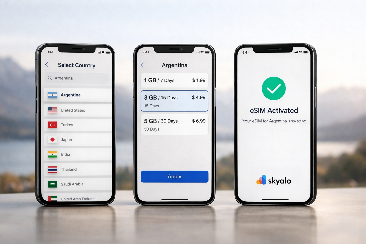 Three smartphones showing the Argentina eSIM setup process — choosing the country, selecting a plan, and successful activation