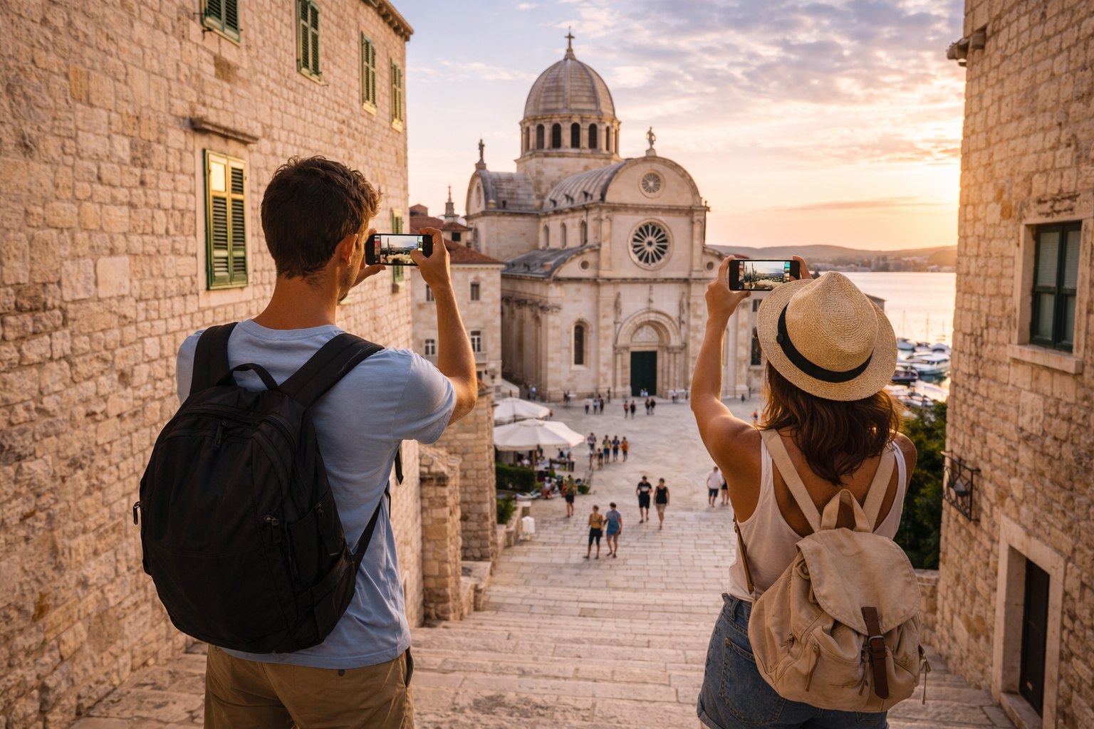 I turisti usano smartphone con Internet eSIM vicino alla Cattedrale di San Giacomo a Šibenik