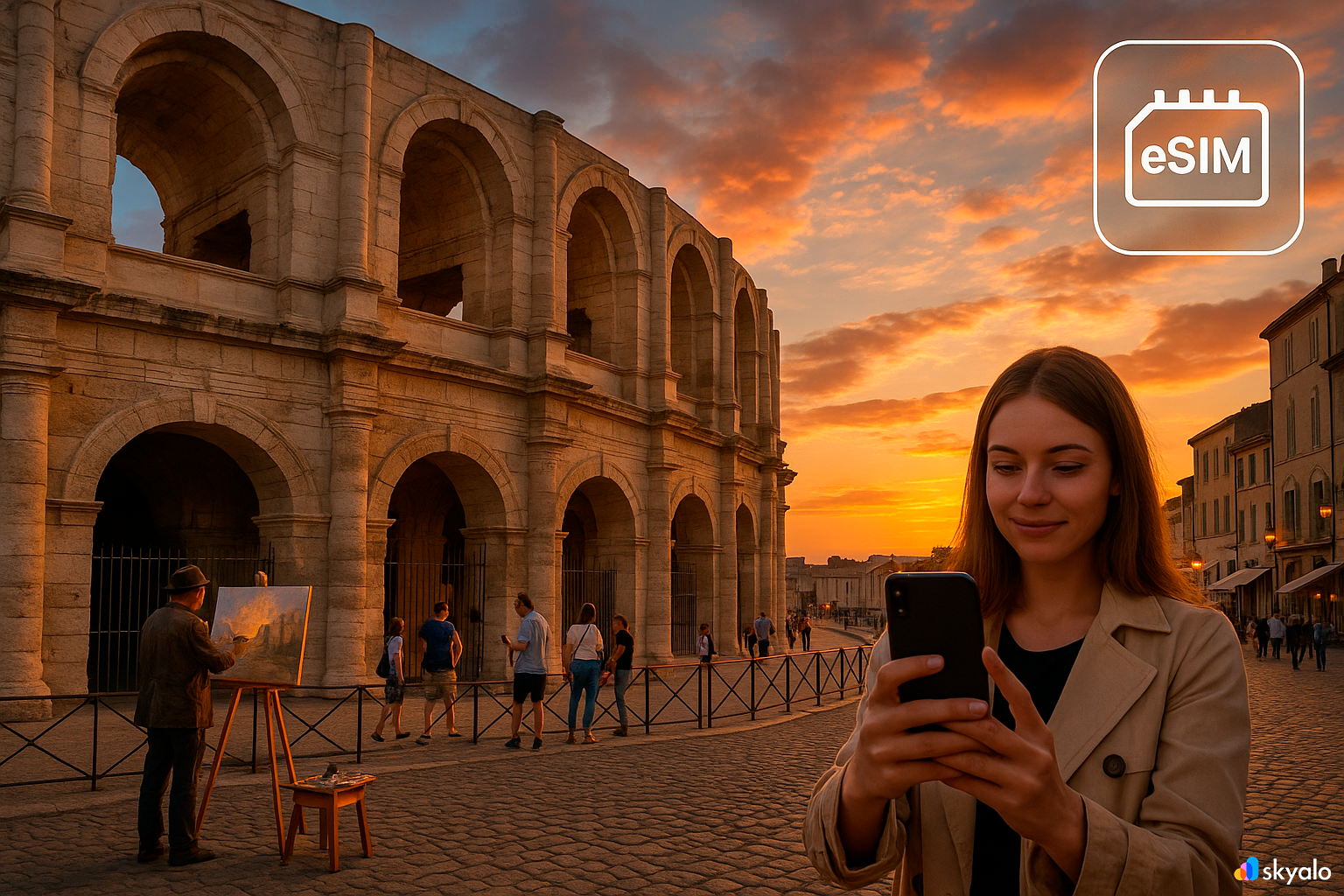 Arles amphitheater with tourists at sunset
