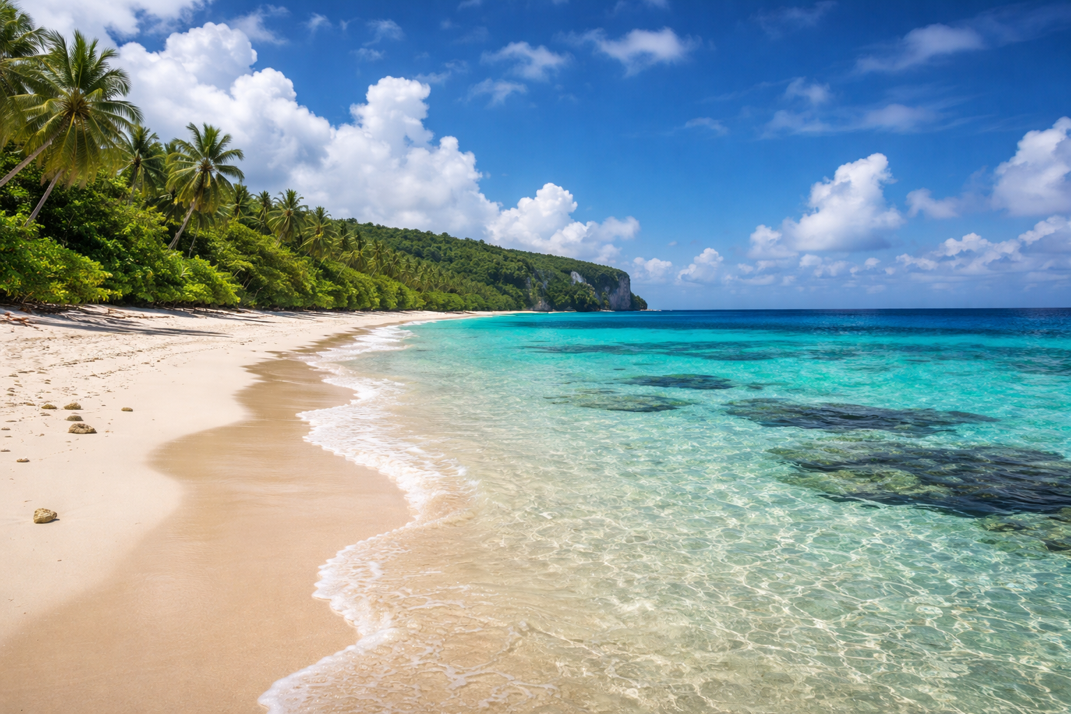 Ritidian Beach with white sand and crystal-clear water, no people around