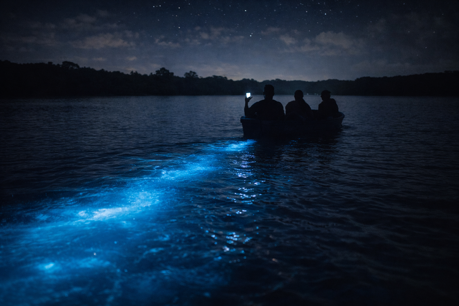 Jamaica’s bioluminescent lagoon at night, a boat mid-frame, a tourist lighting up the water with a smartphone