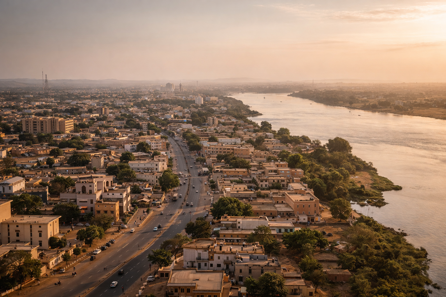 מבט פנורמי על ניאמיי עם בנייה עירונית, גדת הנהר, אור חמים ואווירה של בירת ניז'ר.