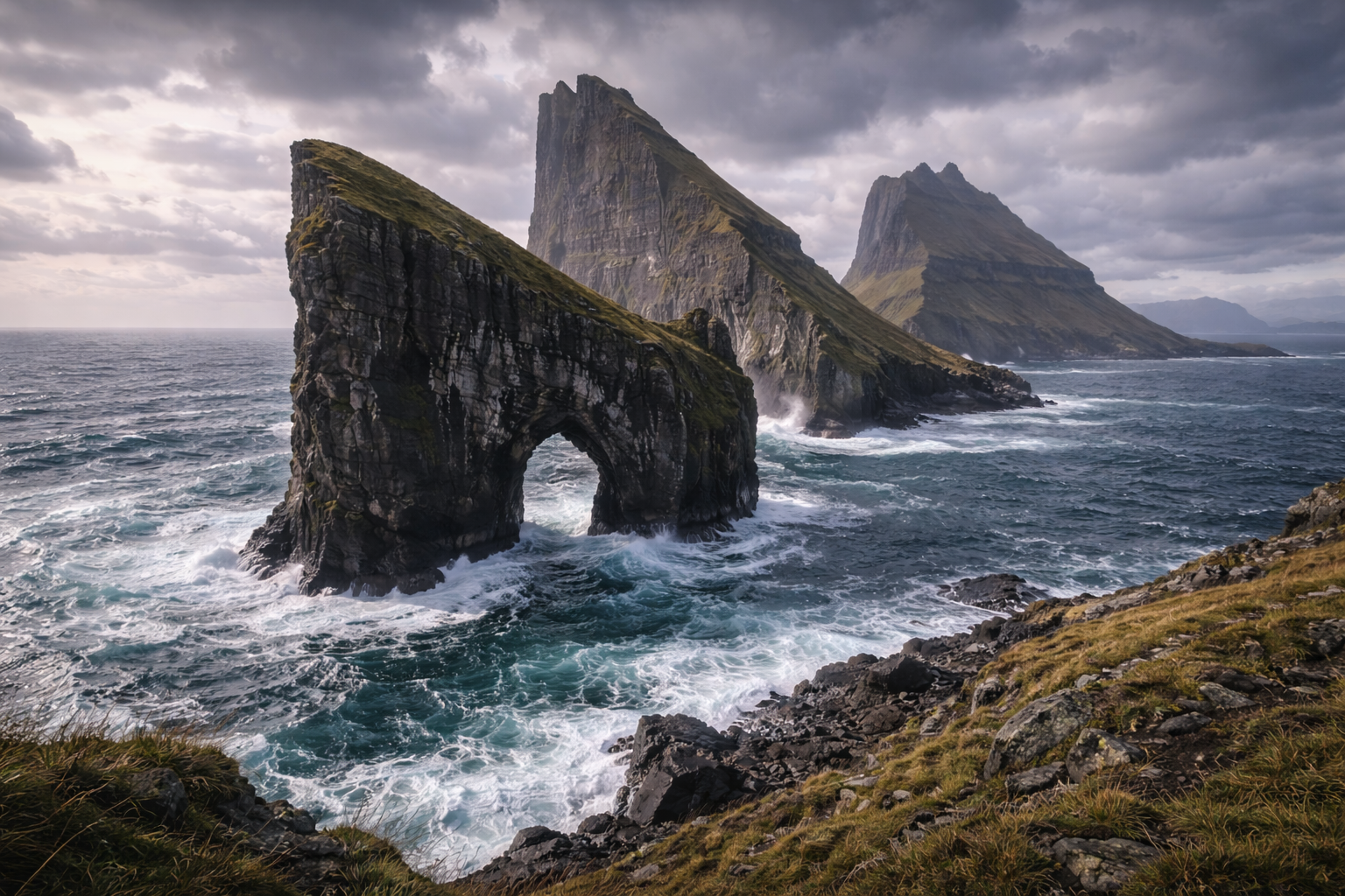 Skalny łuk Drangarnir w oceanie obok wyspy Tindhólmur na Wyspach Owczych