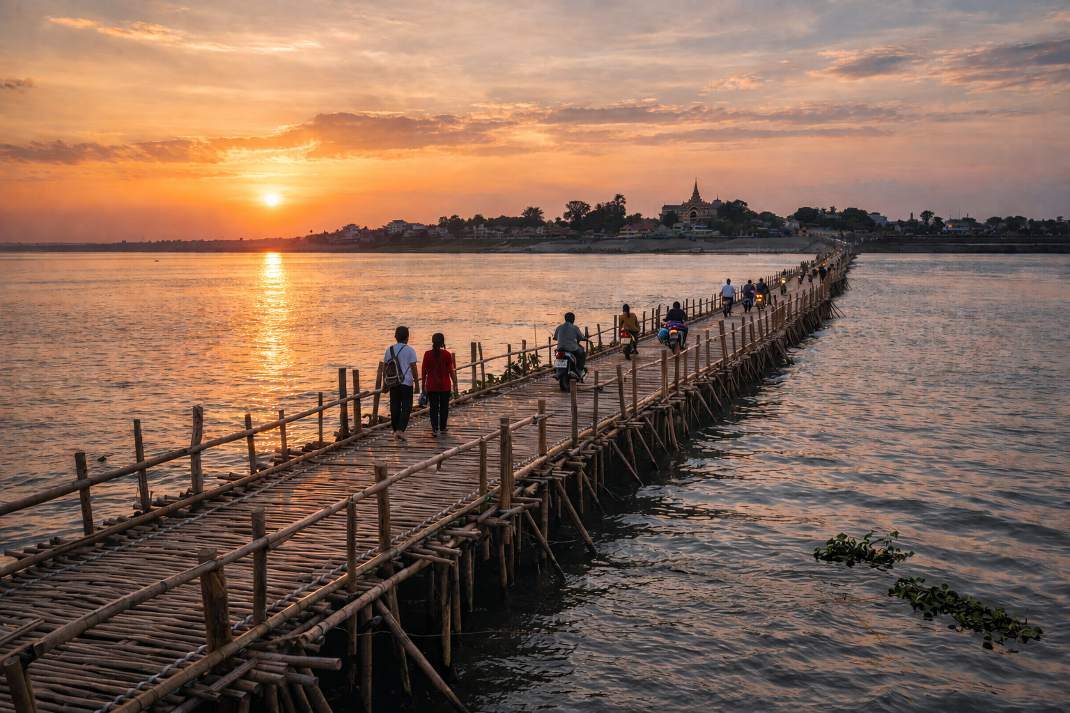 A bamboo bridge across the Mekong in Kampong Cham against a sunset sky