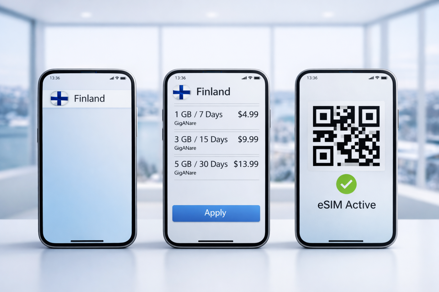 שלושה סמארטפונים עם ממשקי eSIM לפינלנד על רקע נוף עירוני חורפי - בחירת מדינה, חבילות עם מחירים ומסך הפעלה עם קוד QR.