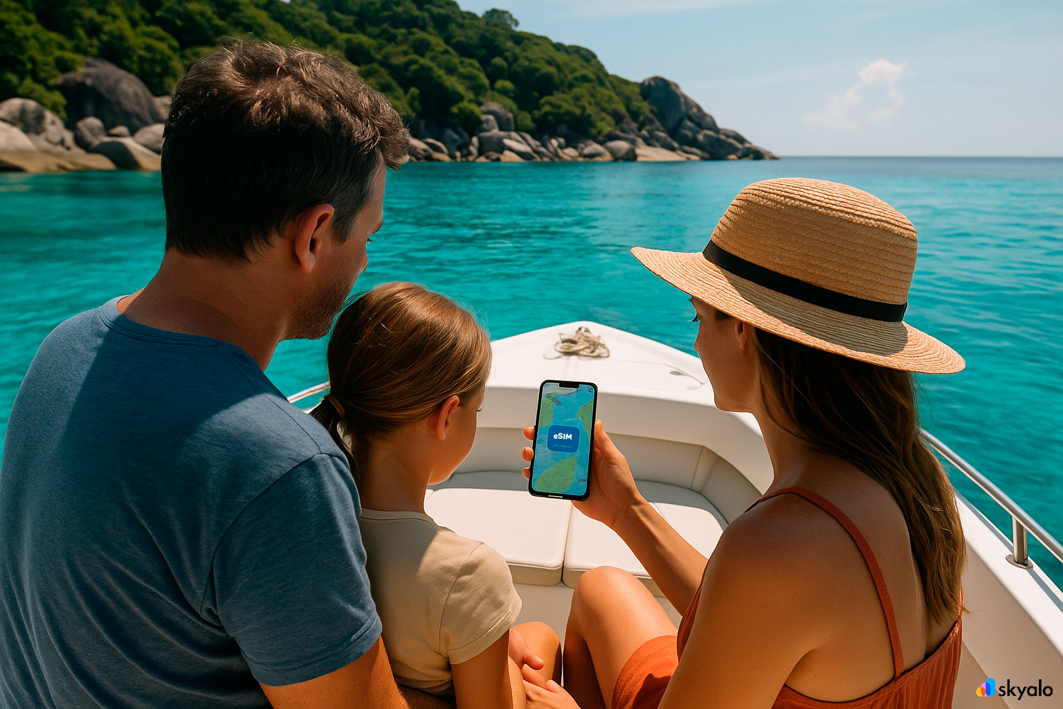 A family prepares for snorkeling — weather and coordinates on phone via eSIM