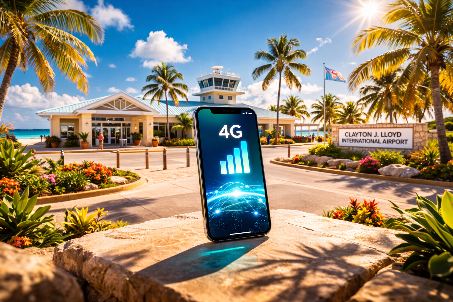 Anguilla Airport with an active eSIM on a smartphone