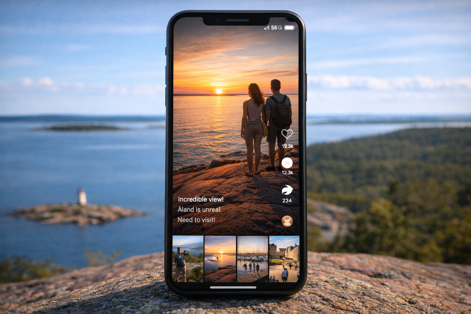 A smartphone centered in the frame with the Reels interface and a sunset video in the Åland Islands with an active eSIM