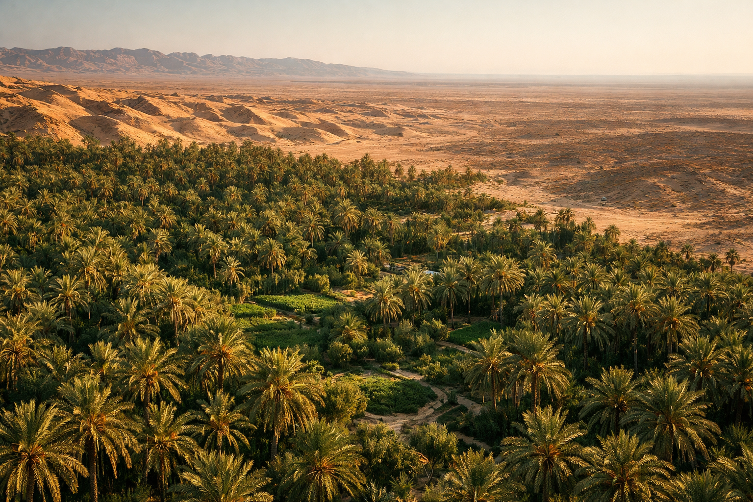 Oase i Tozeur med palmelunder og utsikt ovenfra