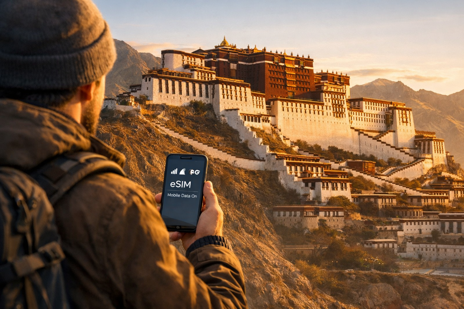 Potala Palace in Lhasa and a tourist with a smartphone with an eSIM