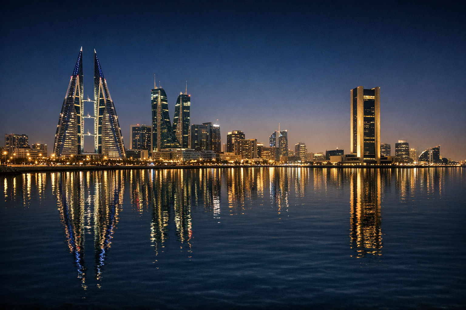 הטיילת של מנאמה בערב עם אורות העיר והשתקפות במים