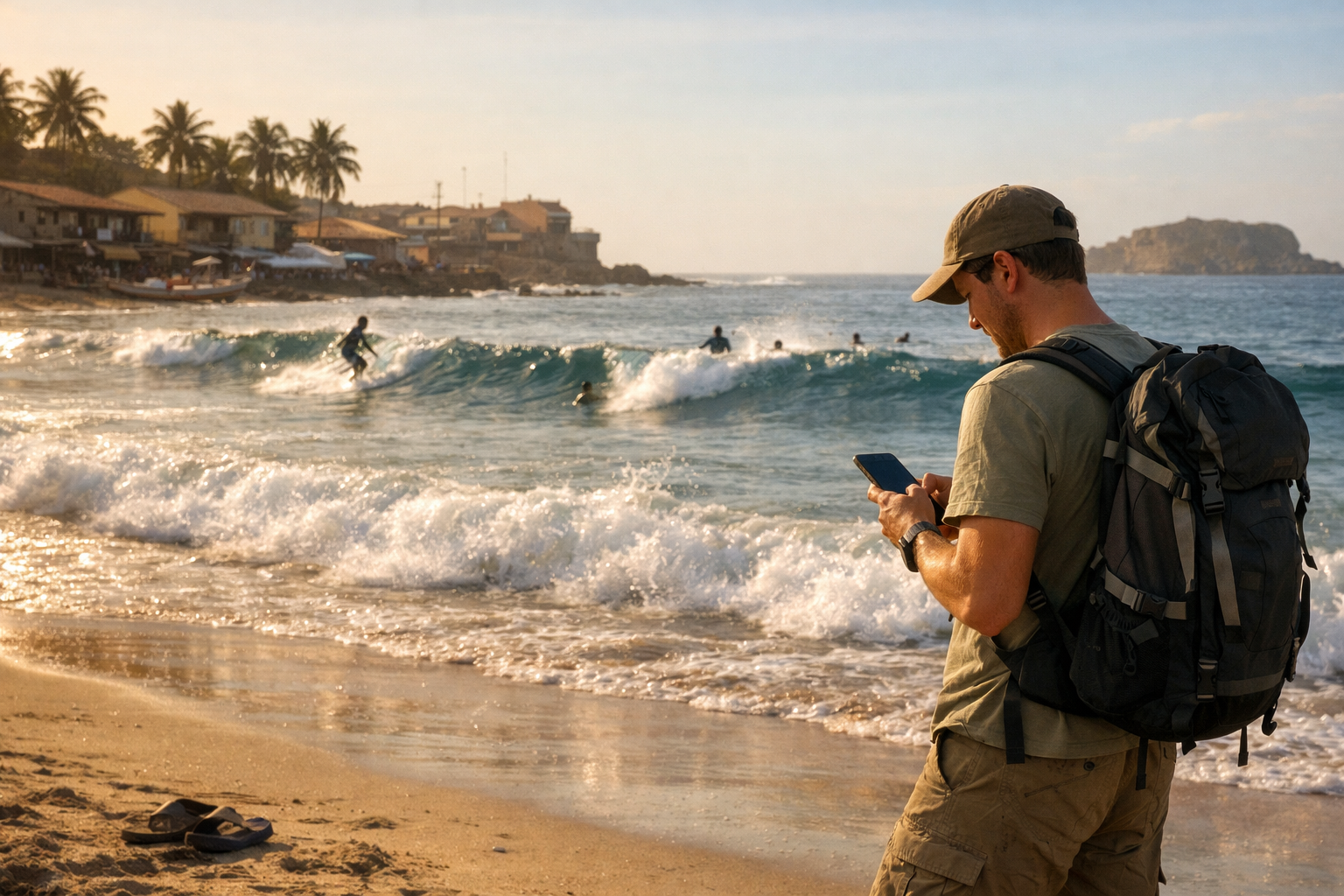 N’Gor Beach with surfers and ocean waves.