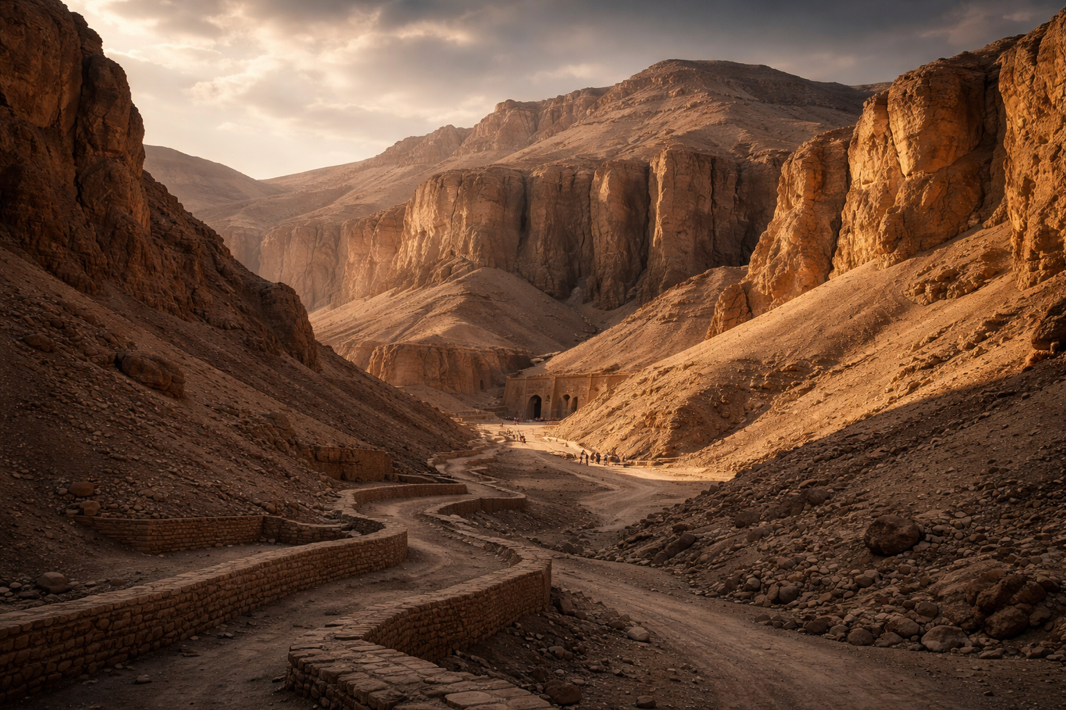 The Valley of the Kings in Luxor among desert mountains and tourists at the tomb entrances — travel internet via eSIM