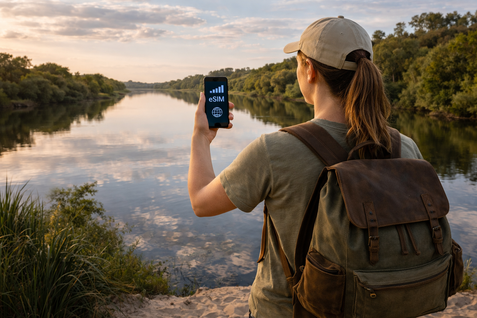 リオ・ネグロの川、自然、ウルグアイの静かな風景、スマホとeSIMを使う旅行者