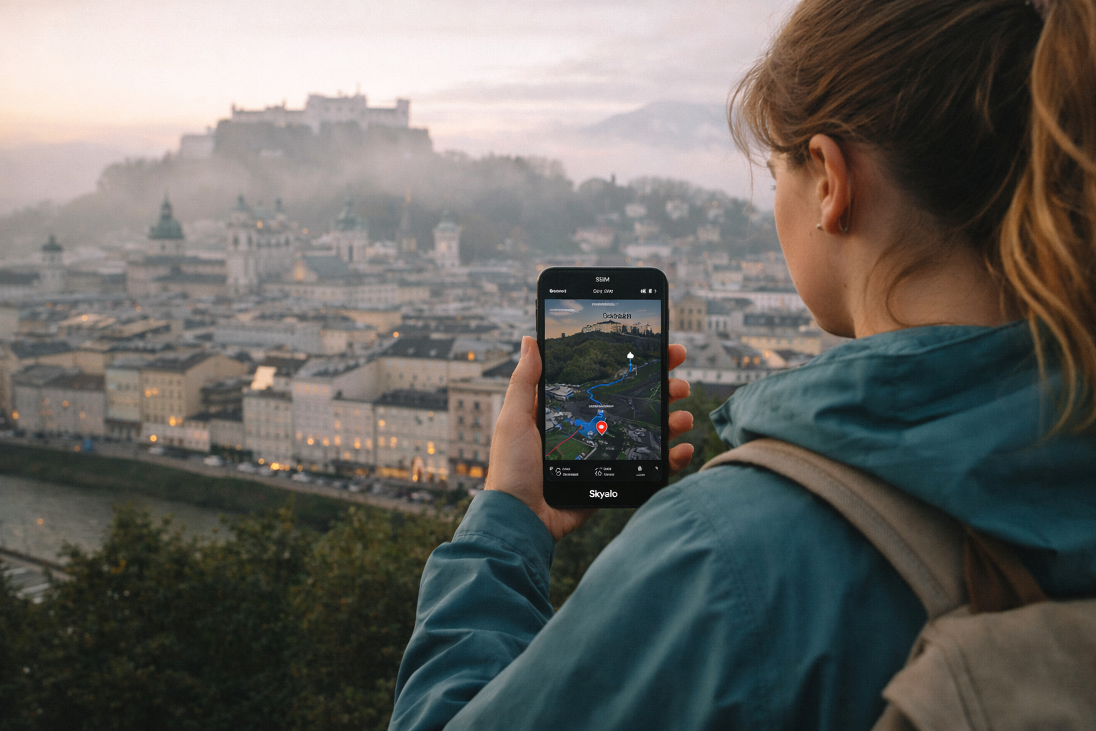 Navigating Salzburg via a smartphone with an eSIM for traveling in Austria