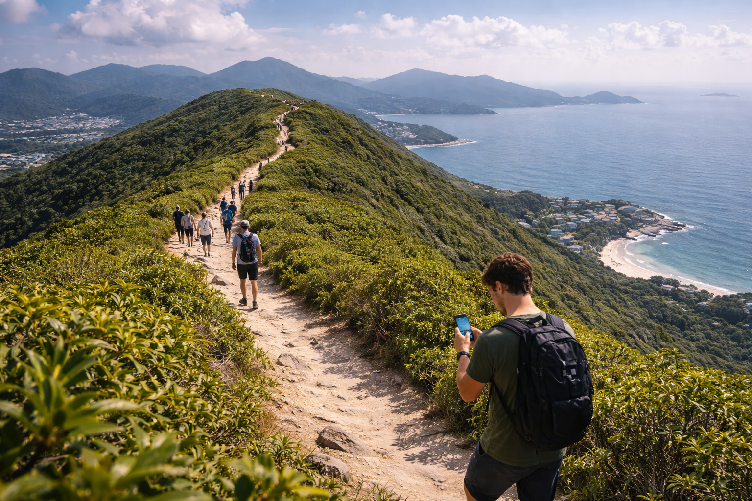 Dragon’s Back hiking trail with views of mountains and sea.