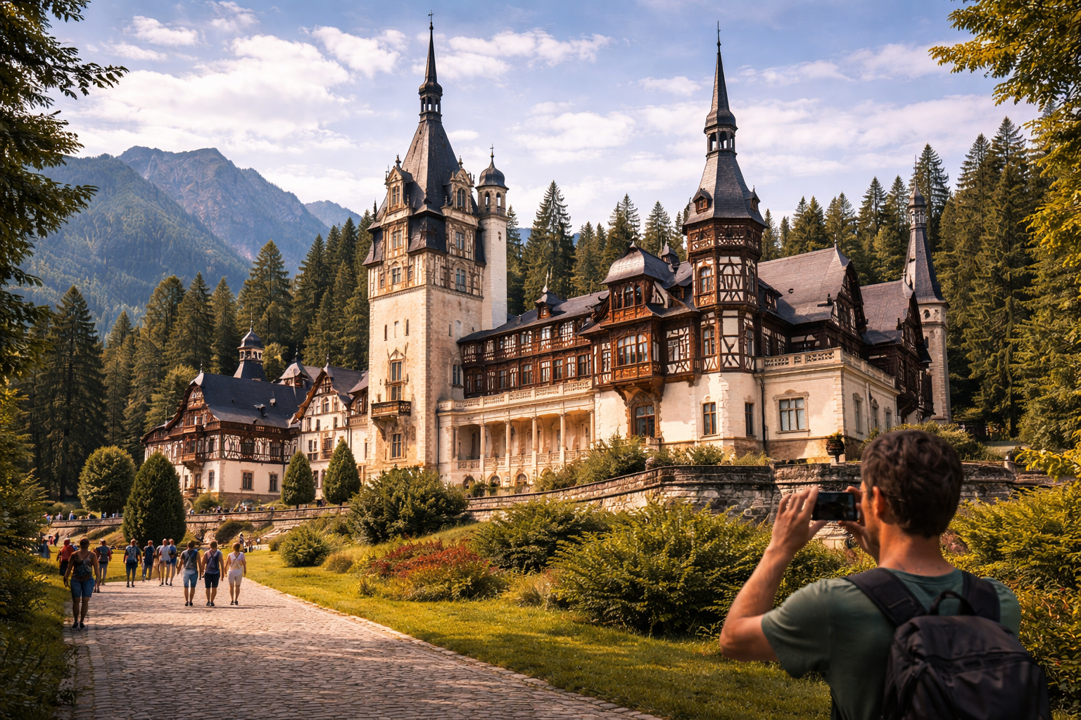 Peleș Castle among the Carpathian mountain forests.
