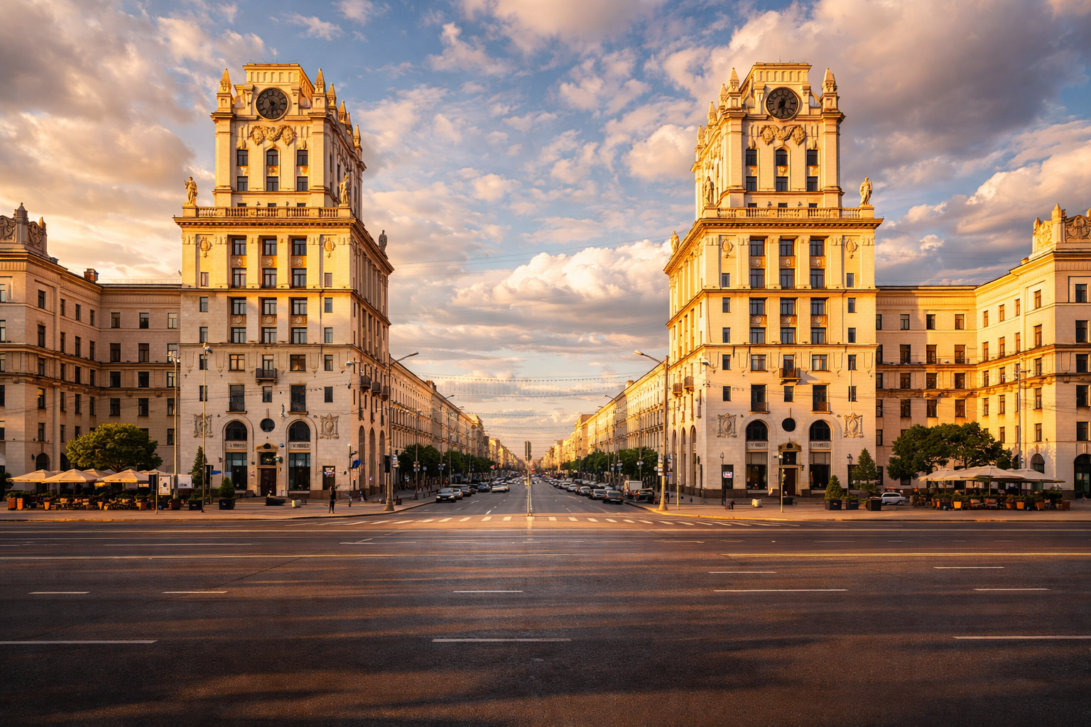 日中のミンスク中心部 - 独立大通りの左右対称のスターリン様式タワーと広い都市通り