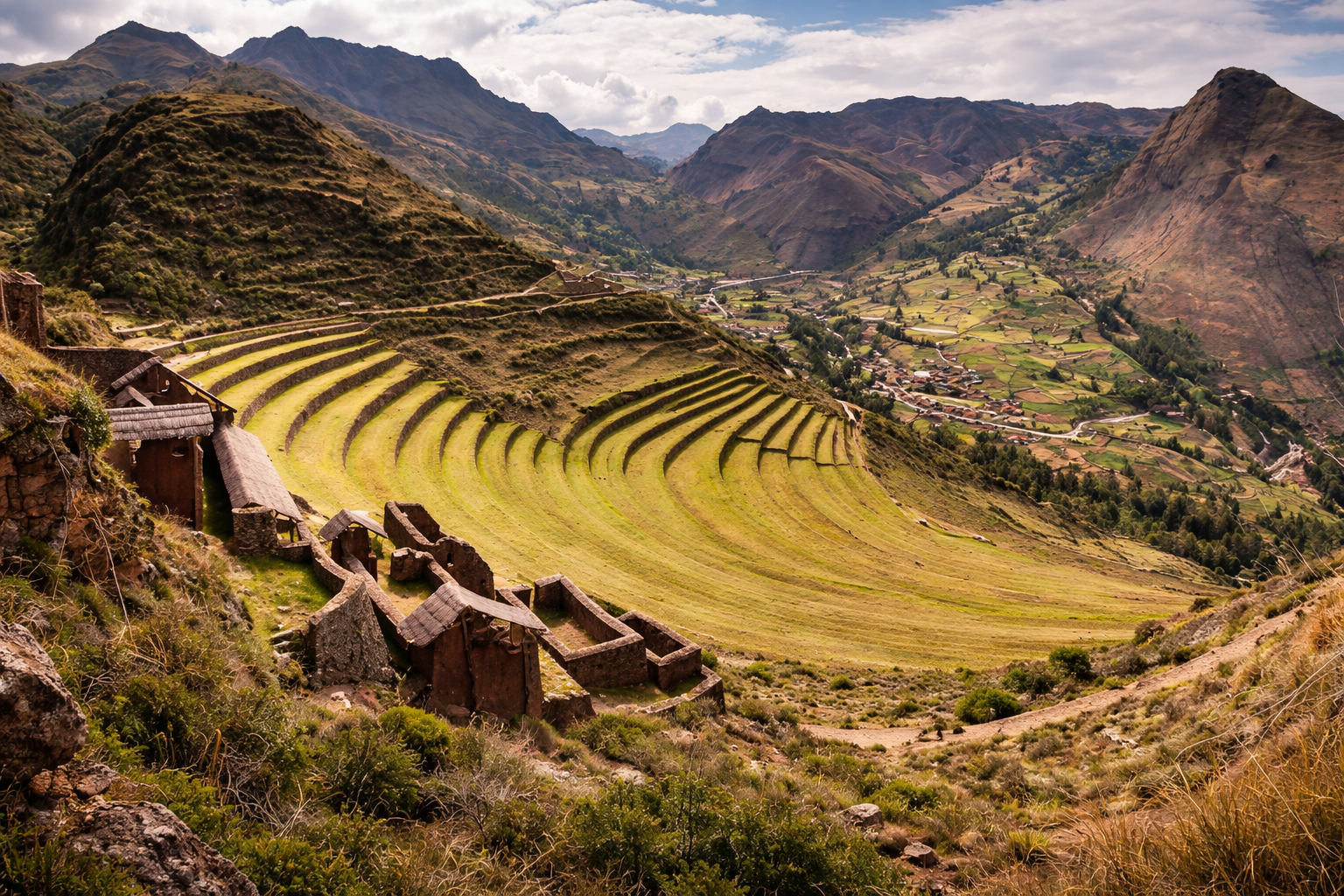 Tarasy i ruiny Inków w kompleksie archeologicznym Pisac