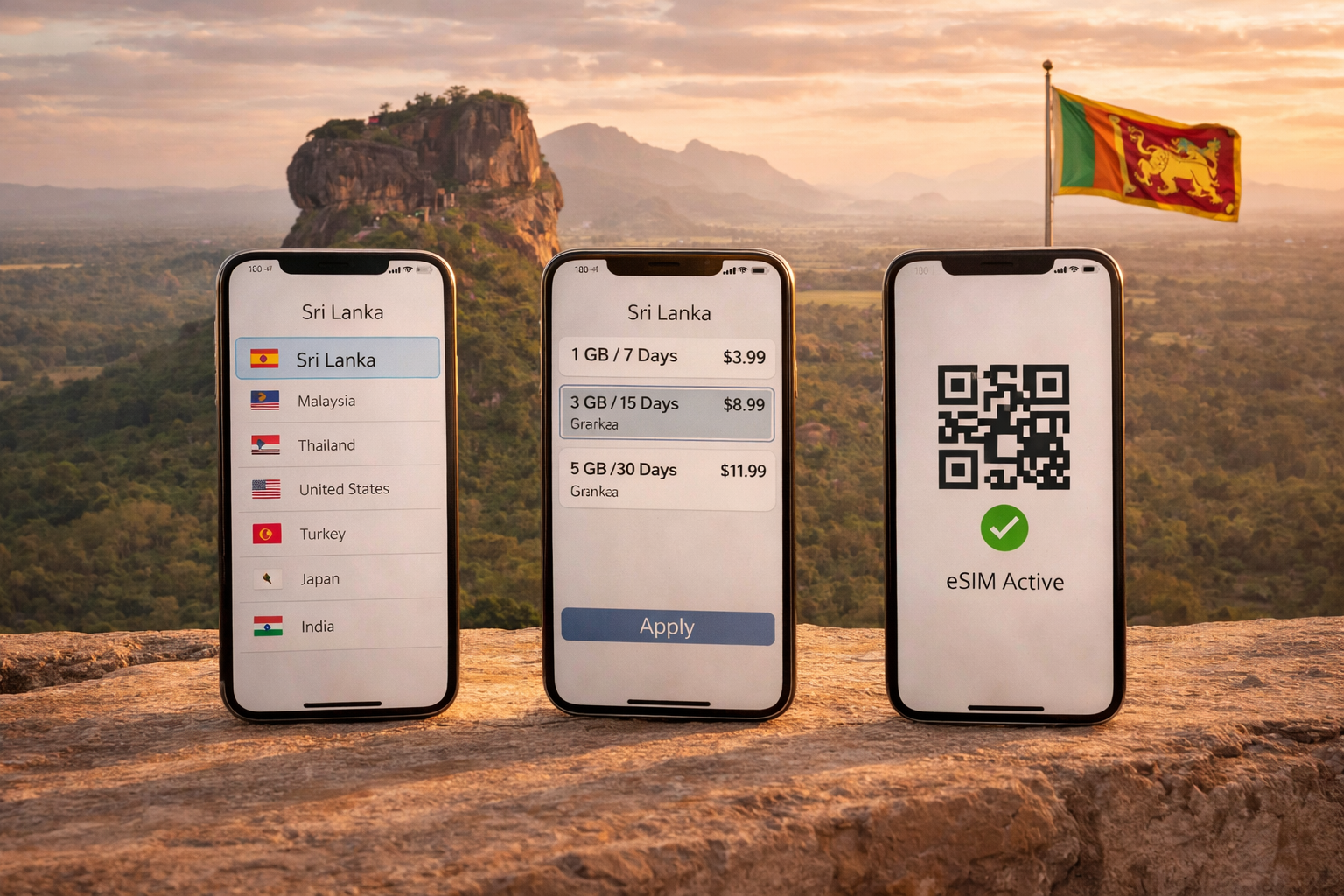 Smartphones with eSIM plans for Sri Lanka against the backdrop of Sigiriya Rock and a tropical landscape.