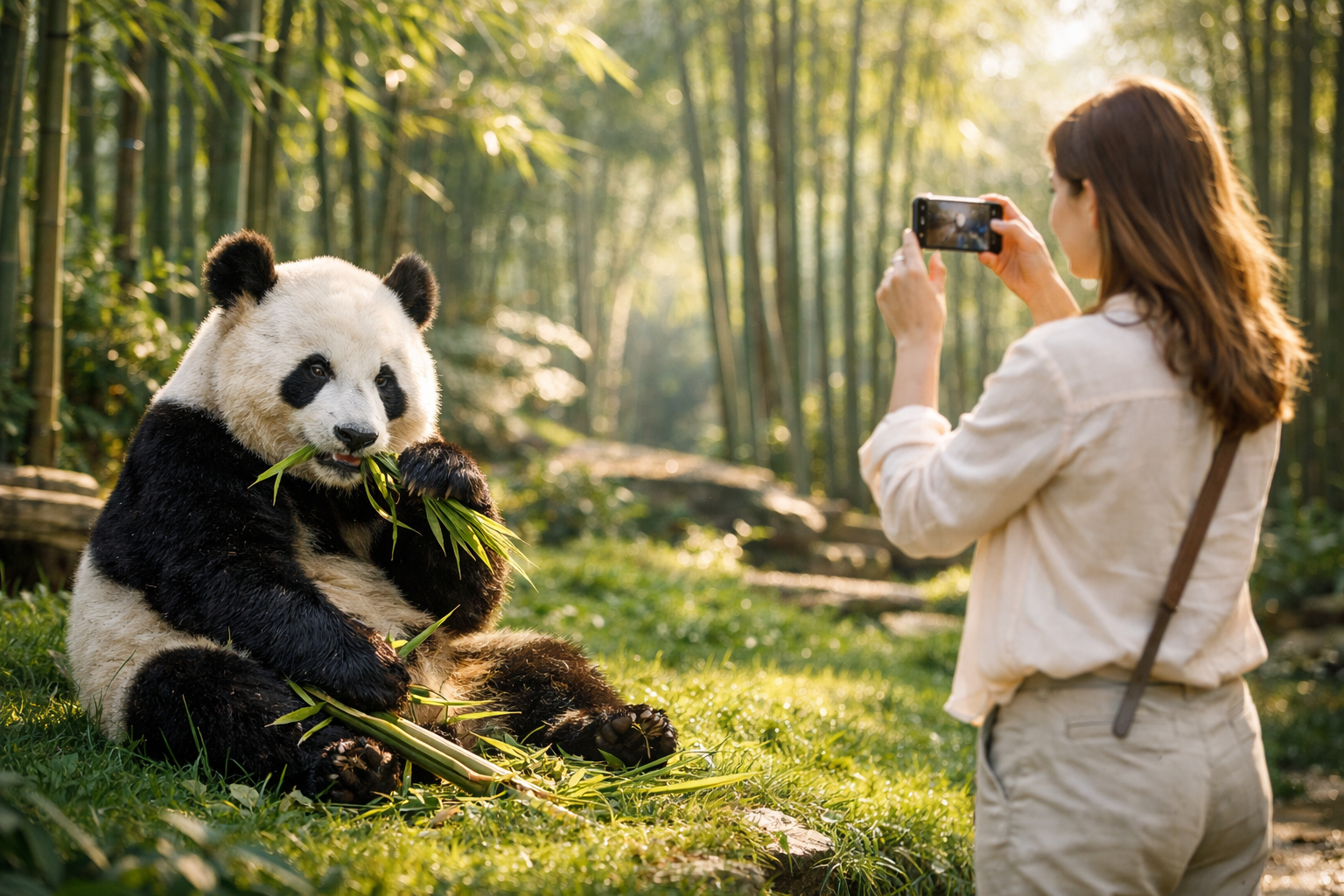A giant panda at the Chengdu center and a tourist with a smartphone with an eSIM