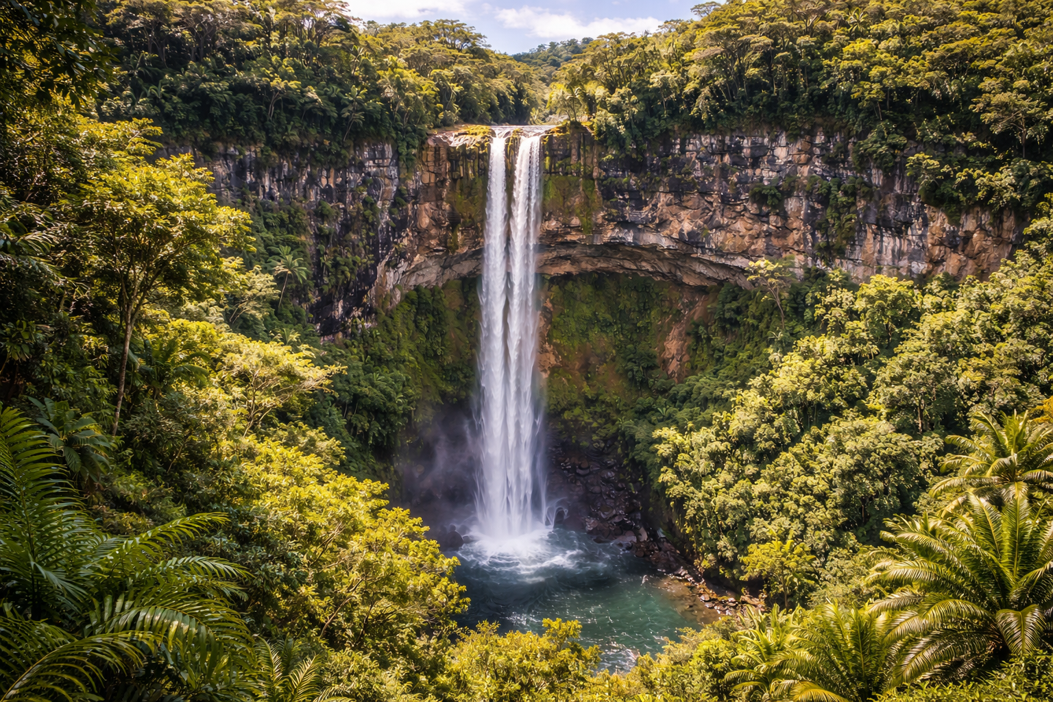 Chamarel Waterfall in Mauritius with a tall cascade, lush tropical vegetation, and a scenic natural atmosphere