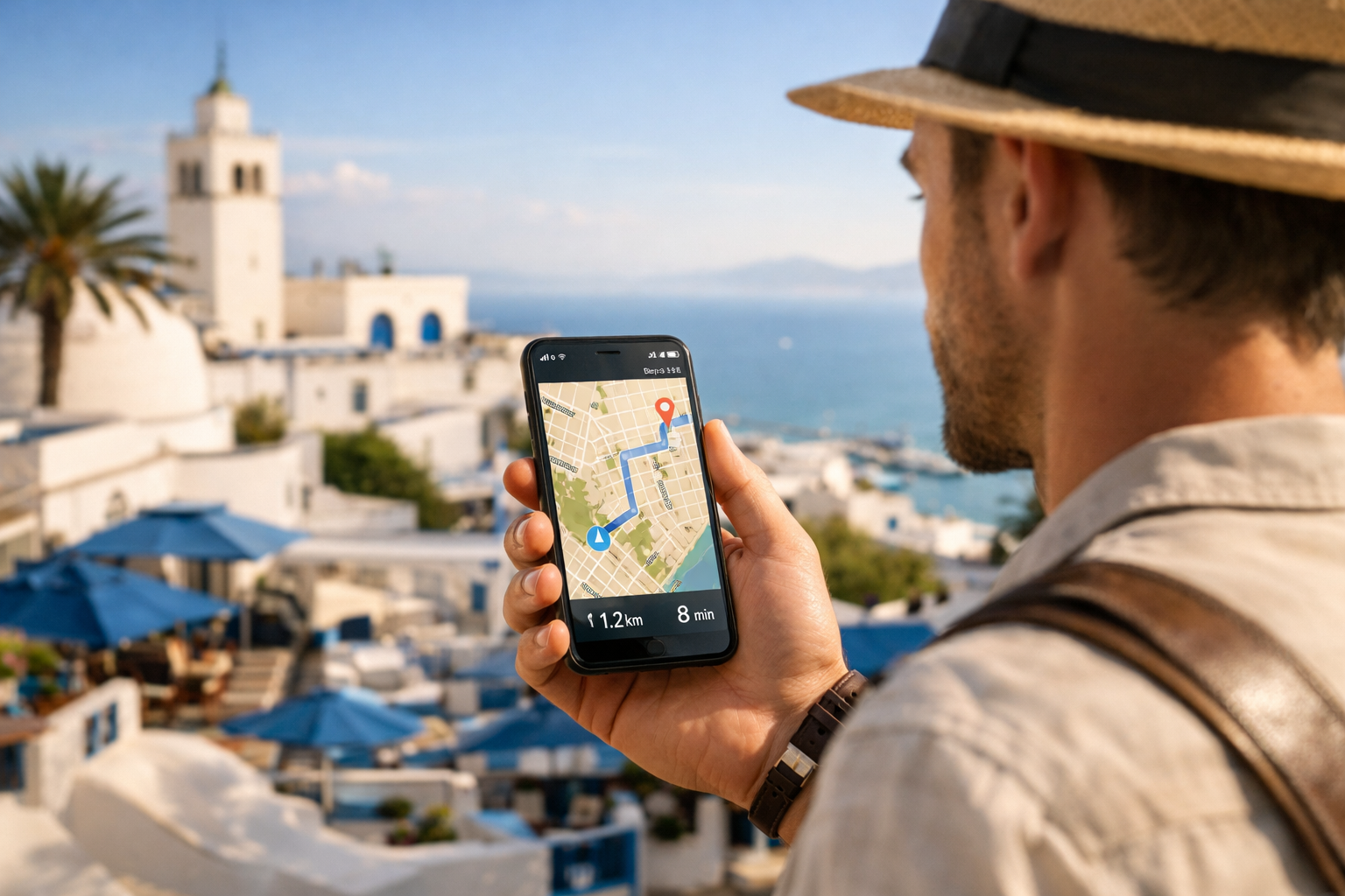 Turist bruker mobildata og eSIM i Tunisia til navigasjon