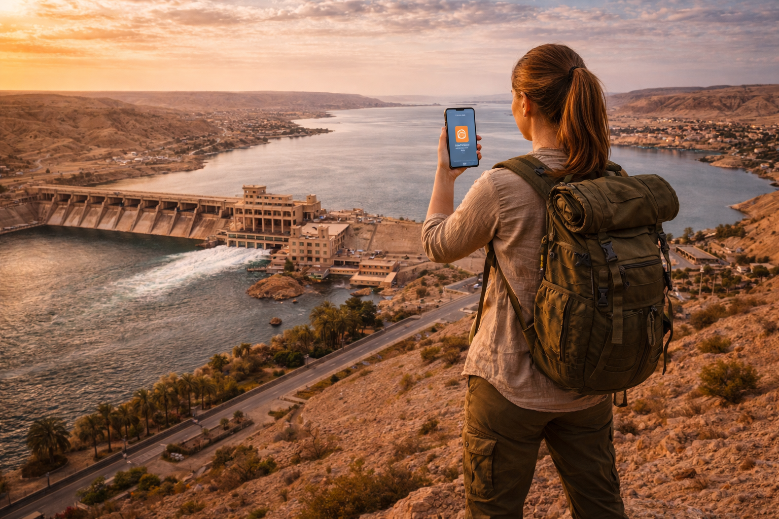 Viajero junto al embalse de Hadita con internet eSIM activo en el smartphone