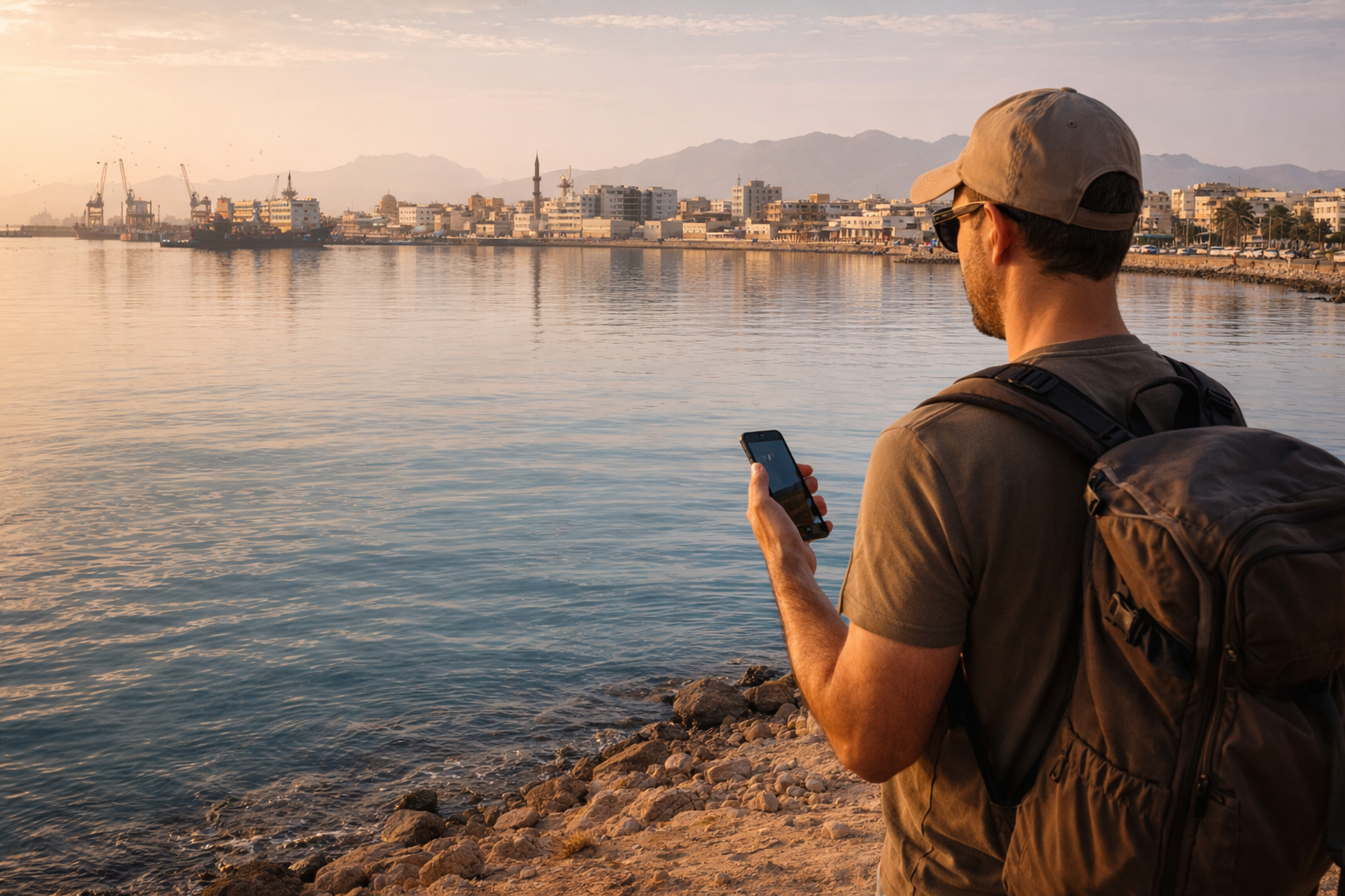 פורט סודאן על חופי הים האדום עם קו חוף עירוני, אור ימי ומטייל המשתמש ב-eSIM בסמארטפון.