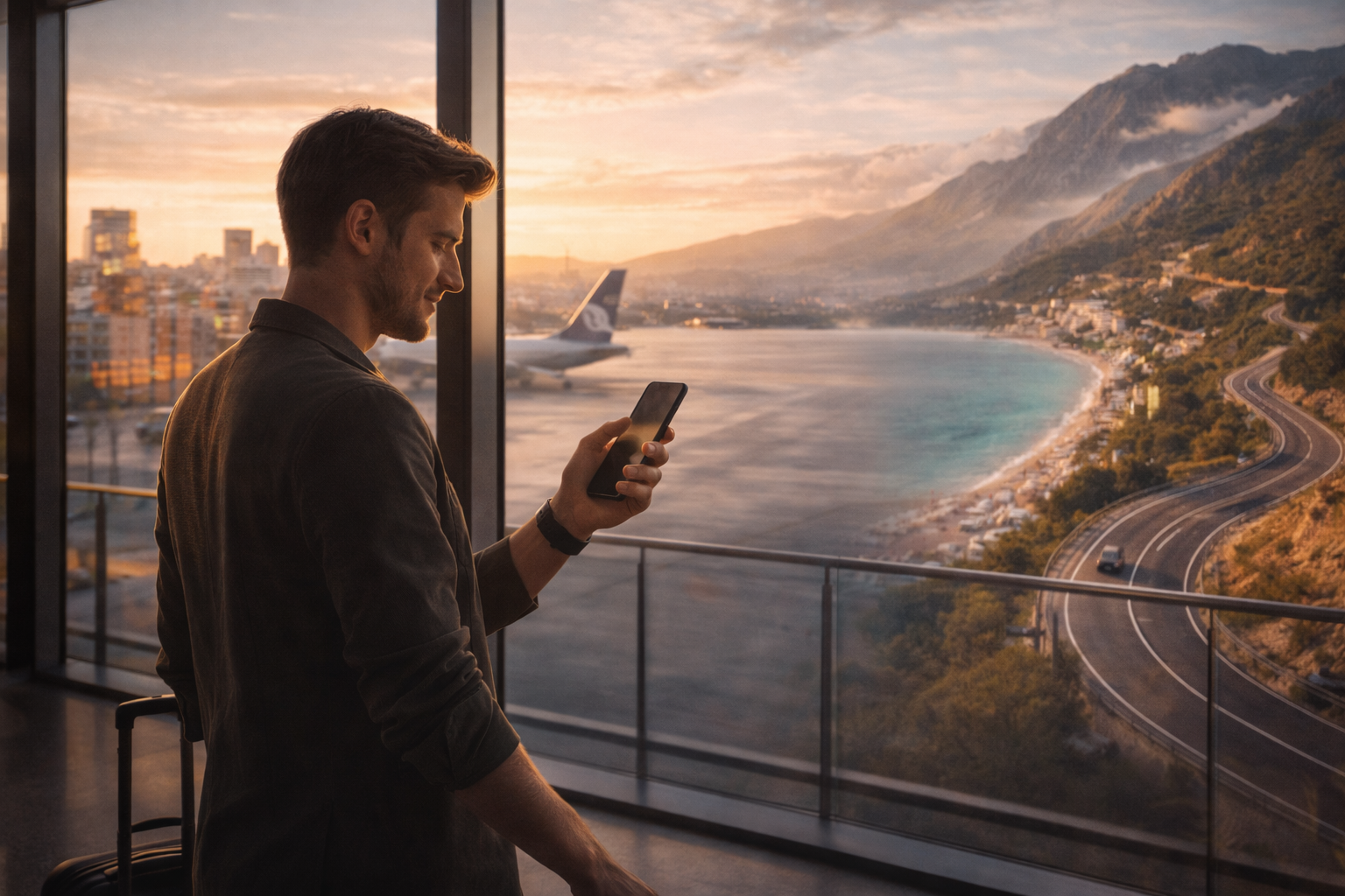 A young traveler at Tirana Airport at dawn walks toward panoramic windows, holding a smartphone in front of his face; the soft screen glow highlights his profile. Outside, an airplane tail is visible, and in the background—the Sarandë coastline, city buildings, and a winding mountain road in the Albanian Alps.
