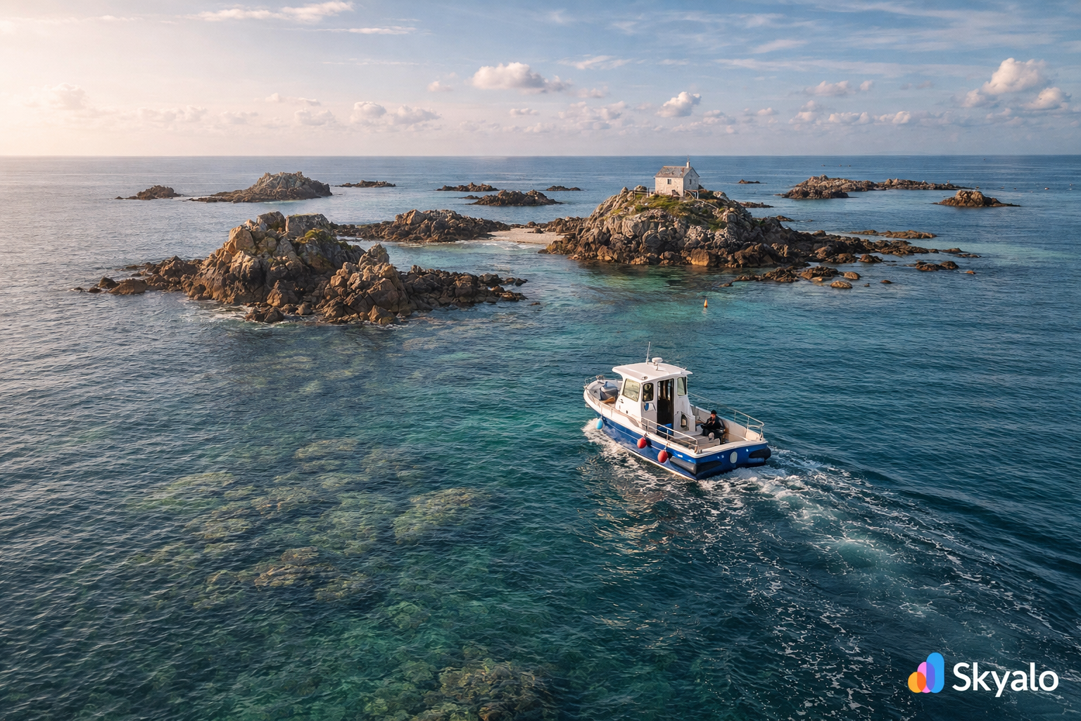 ארכיפלג לה אקרו ליד ג'רזי עם איים קטנים, סלעים, ים ותחושה של טבע פראי.