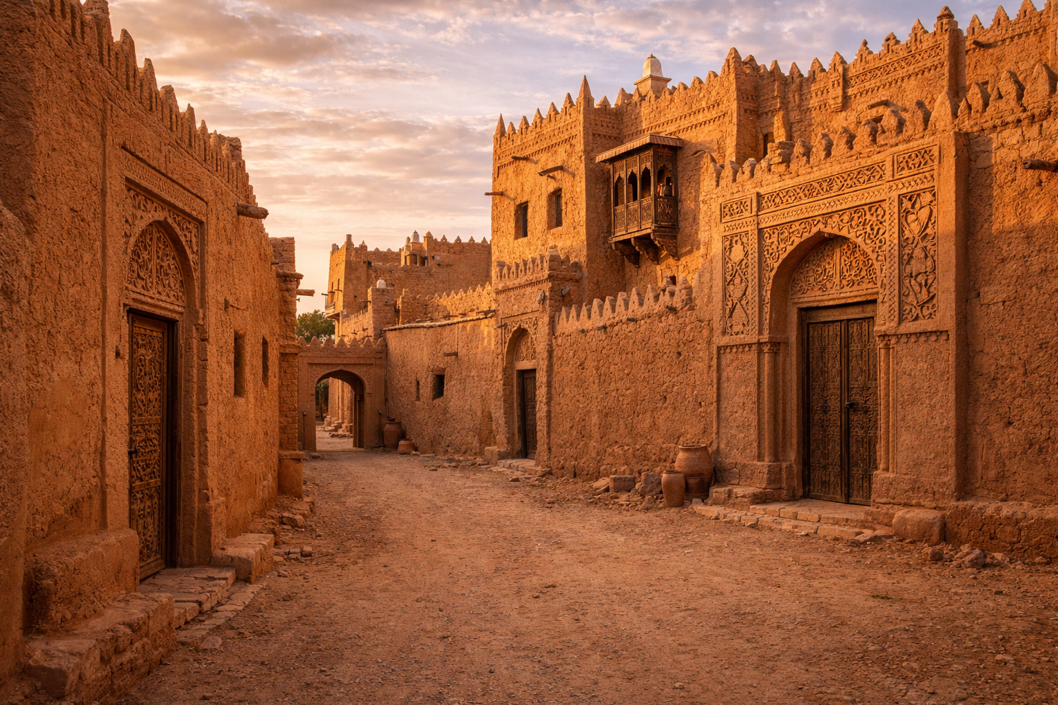 ארמון אנאסטאריפידט באגאדס עם אדריכלות היסטורית מבוץ, רחובות צרים ואווירה מדברית חמה.