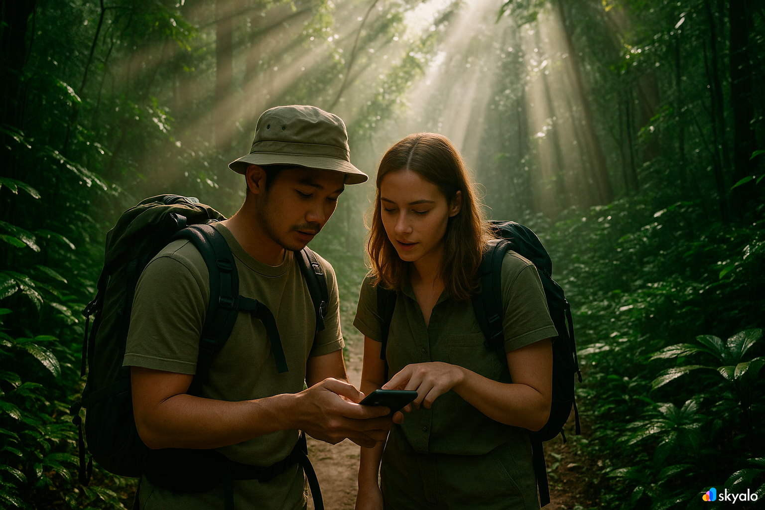 Friends on a Khao Yai trail — nature all around, eSIM keeps you connected