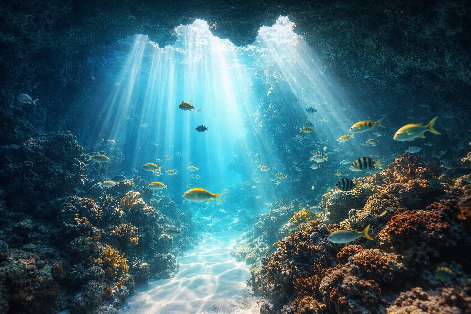 Il mondo sottomarino della grotta marina Thunderball Grotto alle Bahamas.